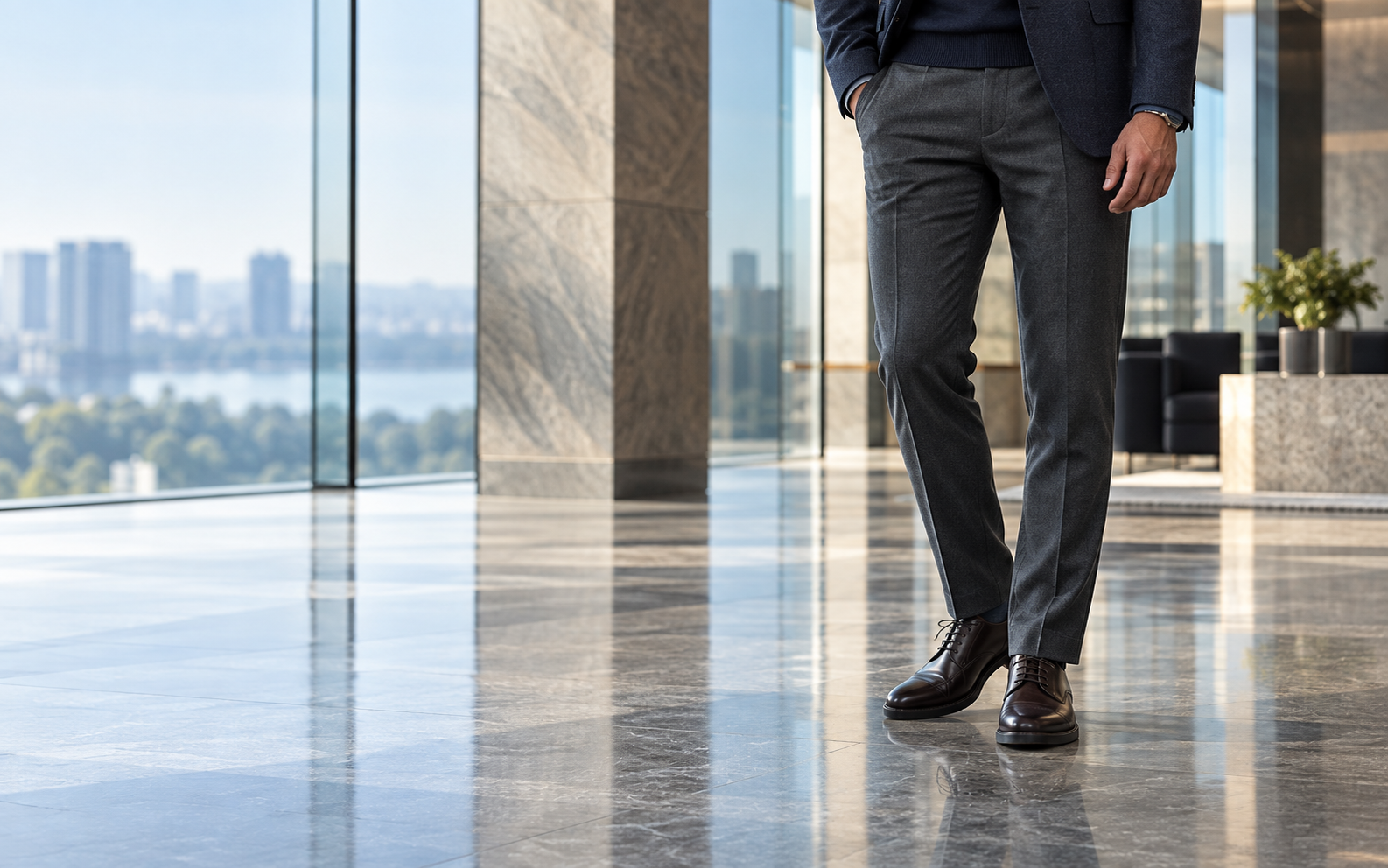A man in dark trousers and leather shoes stands in a bright modern lobby.